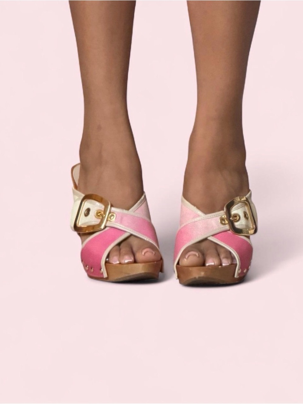 Nine West Pink and Tan Cross-Strap Platform Sandals with Gold Buckle